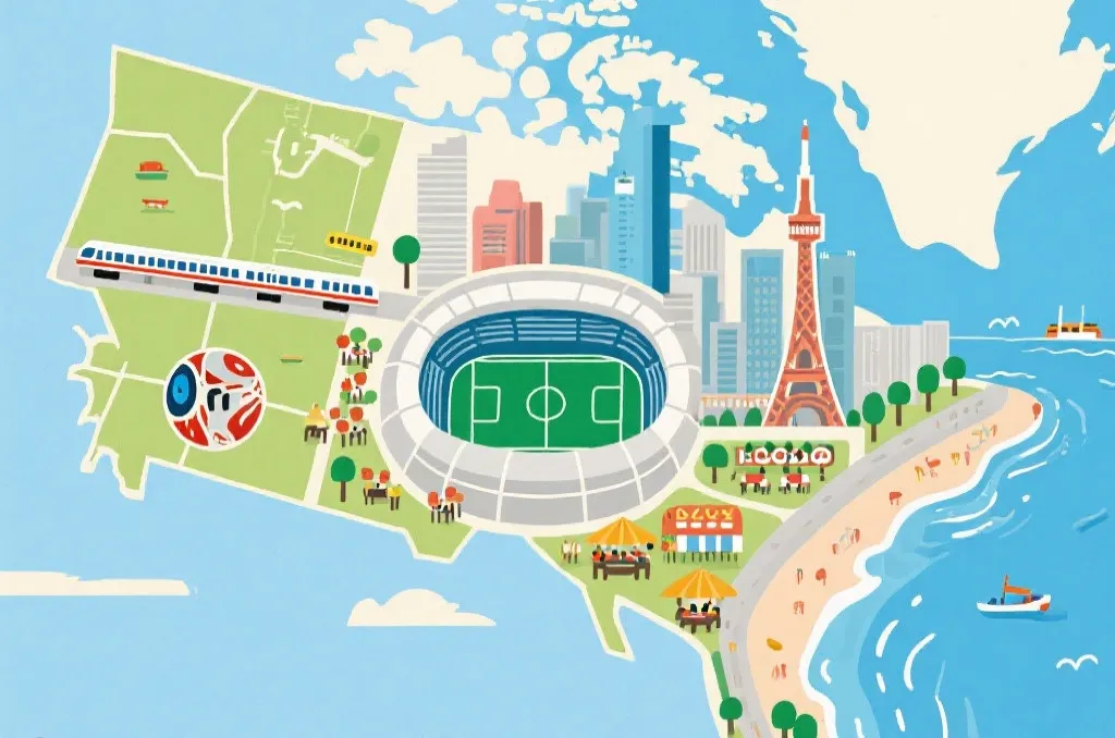 北美世界杯城市漫游地图感画面,球场、地铁、餐馆与地标建筑组合呈现